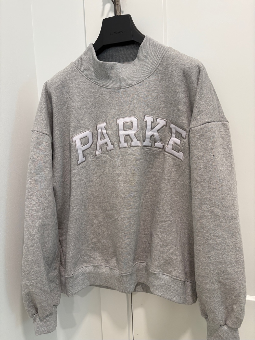 Parker Light Gray Mock-Cowl Sweatshirt with Collegiate Appliqué